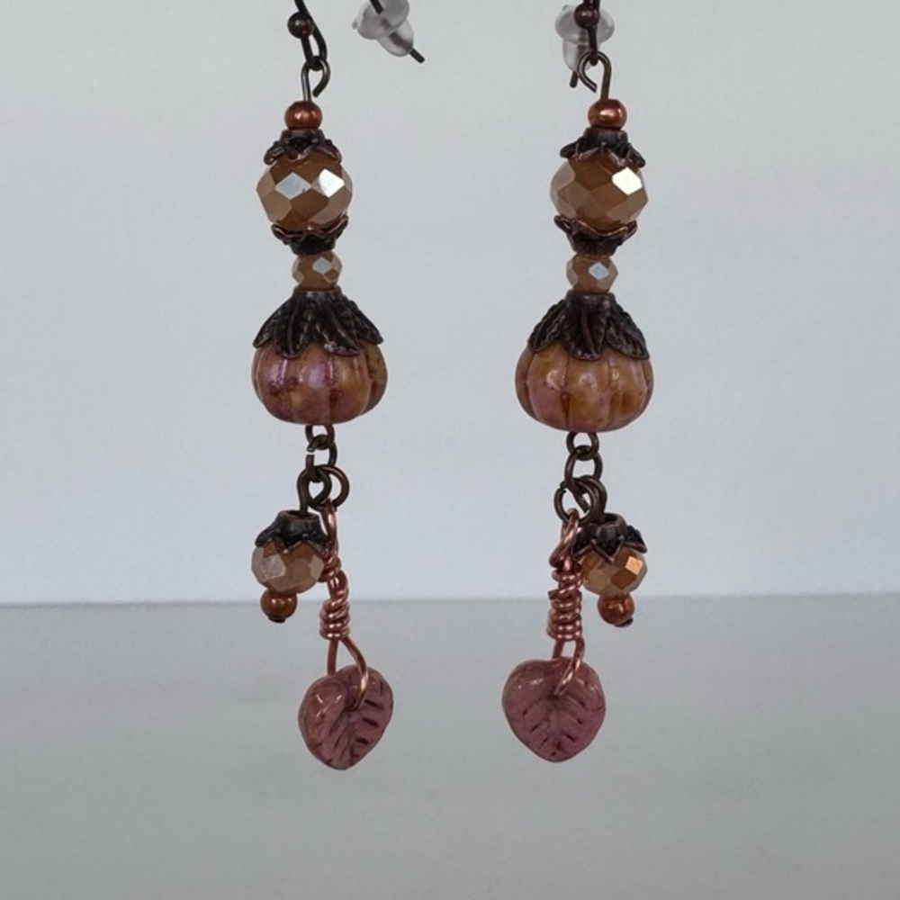 Hand Crafted Pretty in Pink Pumpkin Earrings Dangle Czech Glass Leaf NWT